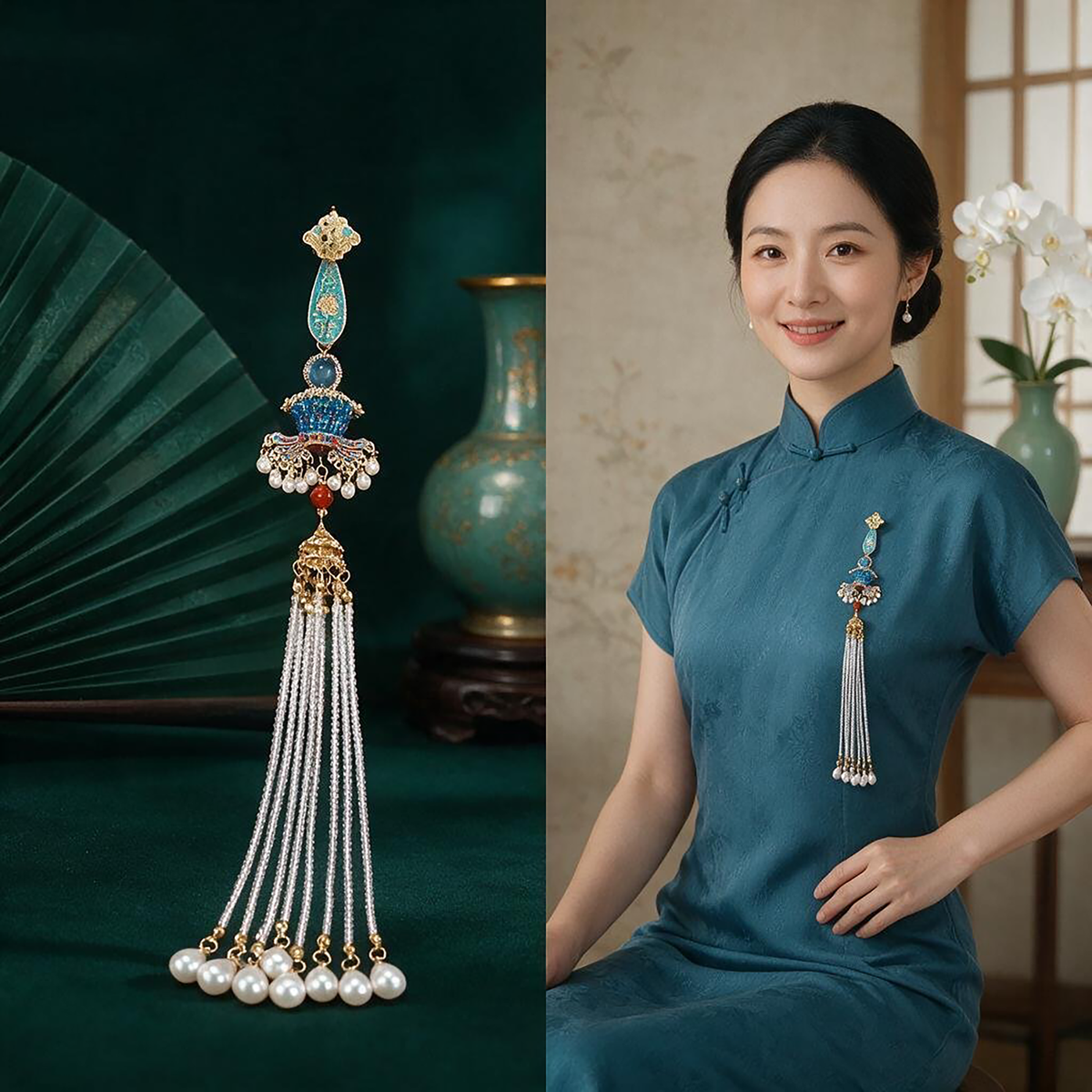 Model wearing Nine Dragons and Nine Phoenixes Qipao Brooch on a blue qipao