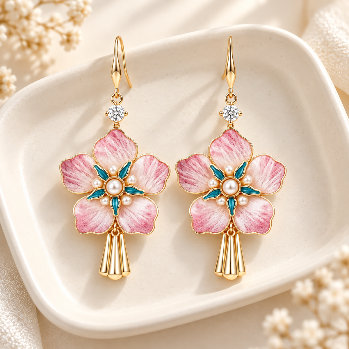 Five-petal pink silk blossoms with teal centres and gold-tone tassels on a white dish