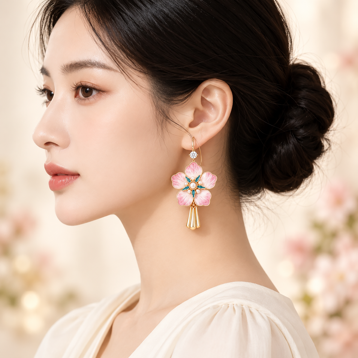 Five-petal pink silk blossoms with teal centres and gold-tone tassels worn beside the face