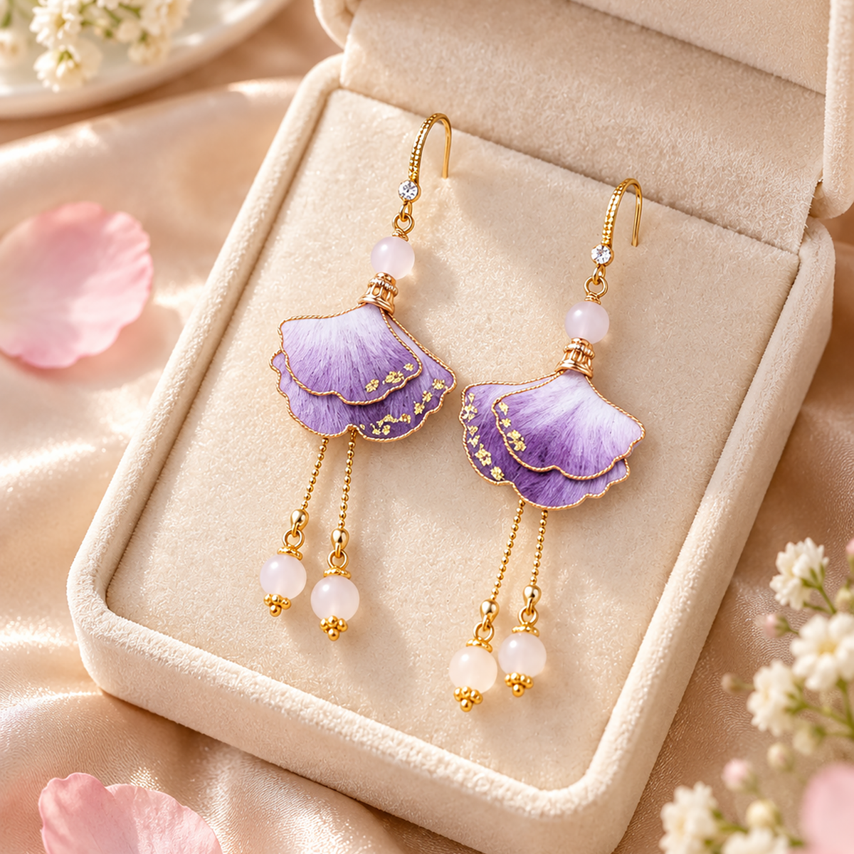Model wearing handmade purple ginkgo Ronghua drop earring