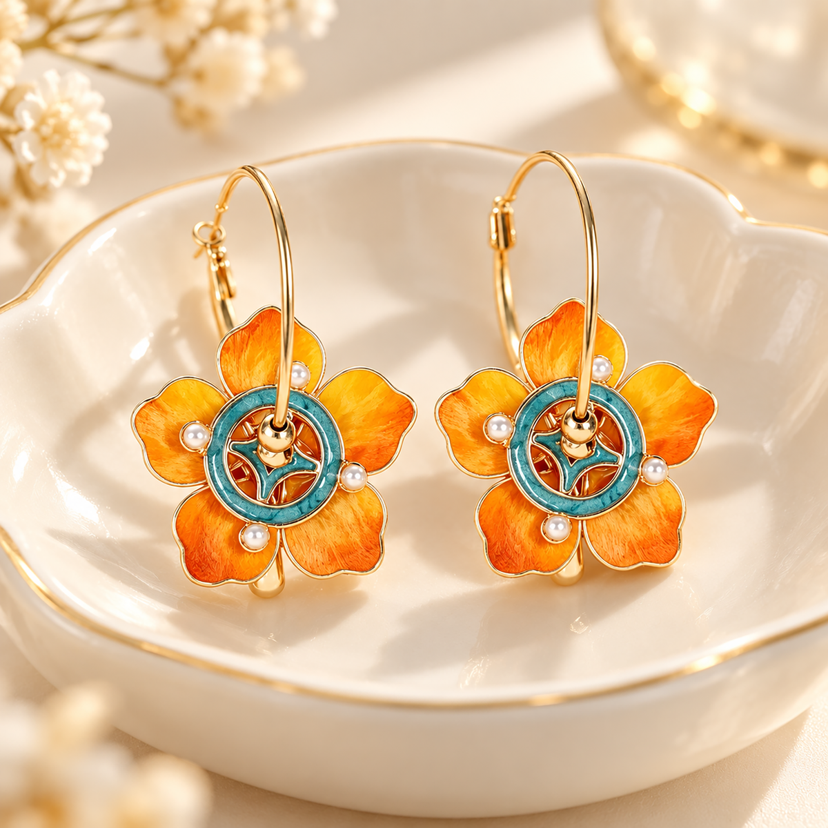 Orange silk flowers with teal circular centres on gold-tone hoops on a white dish