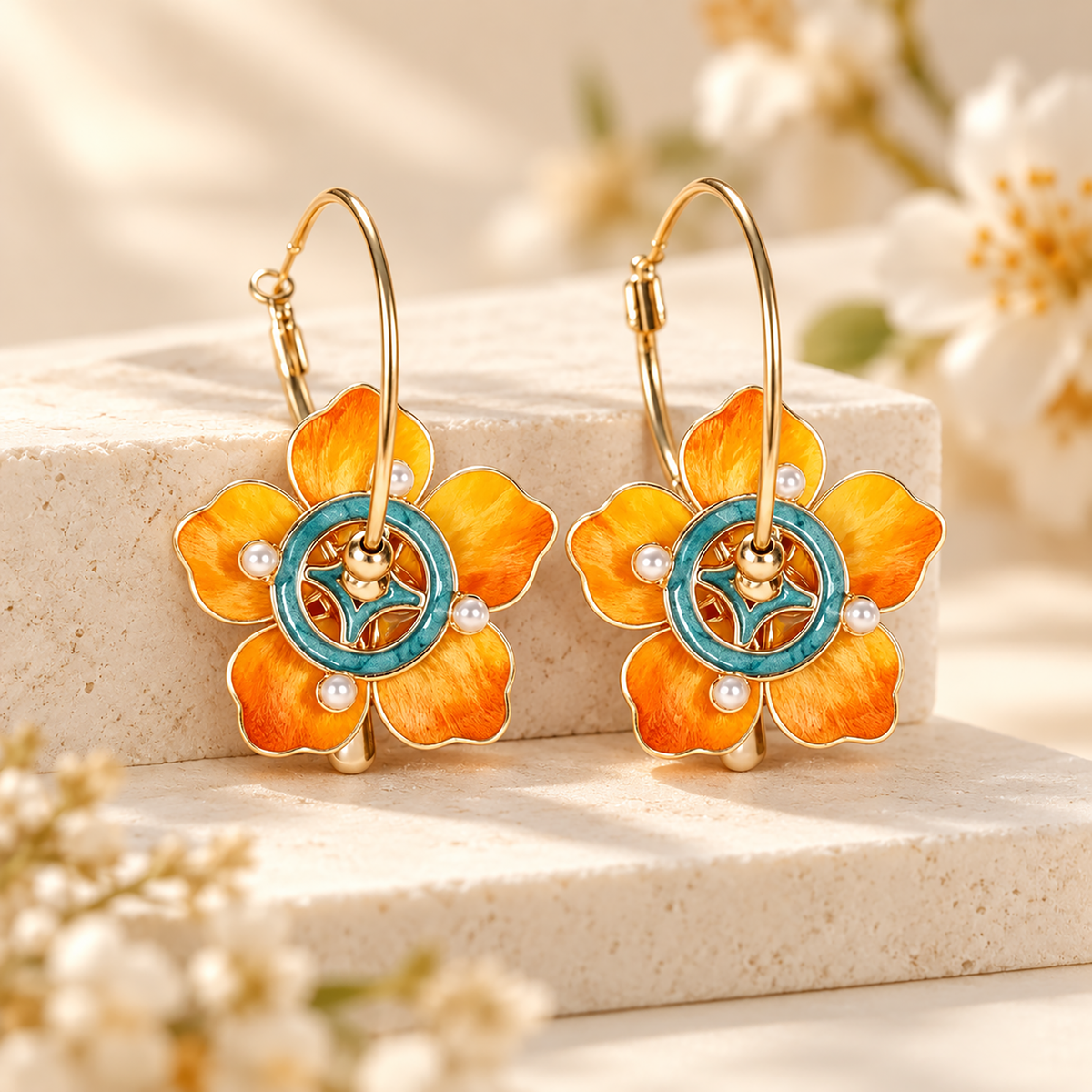 Orange silk flowers with teal circular centres on gold-tone hoops displayed upright on pale stone
