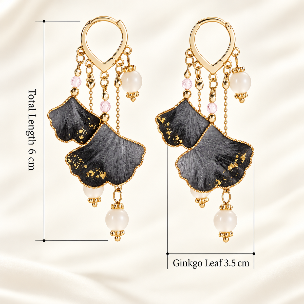 Twin Ink Ginkgo Ronghua drop earrings size guide, total length 6 cm, leaf 3.5 cm