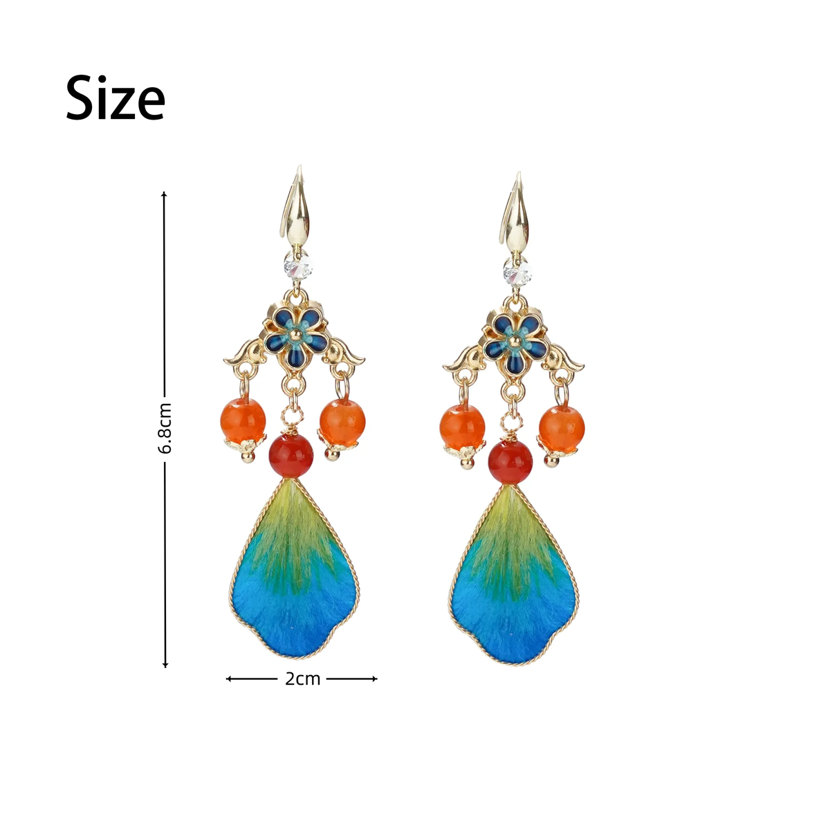 Size guide for Ronghua drop earrings measuring 6.8 by 2 cm