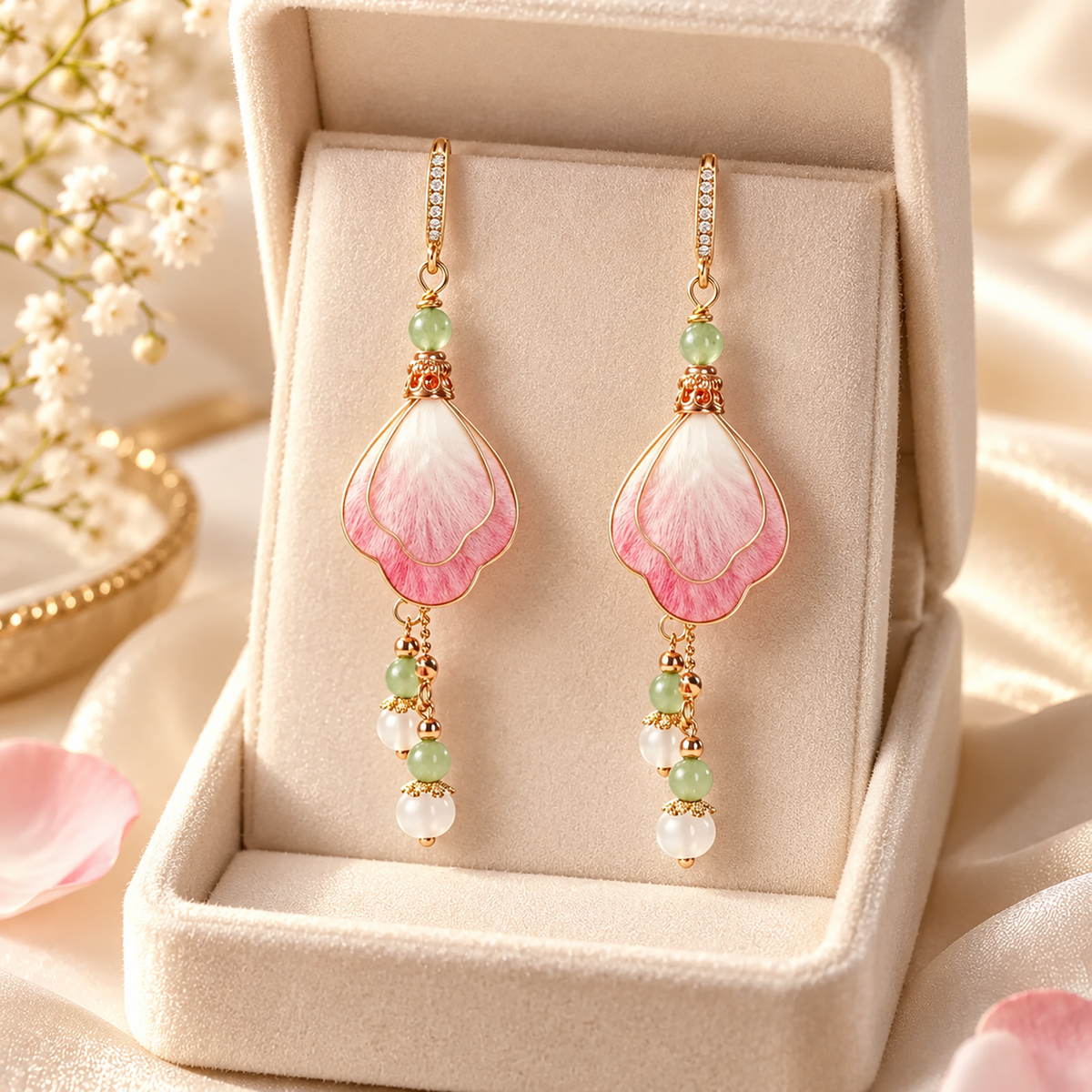 Layered pink and ivory silk petals with green and white bead drops inside an ivory jewellery box