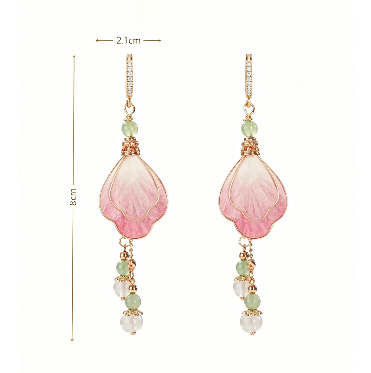 Layered pink and ivory silk petals with green and white bead drops size guide showing 8 by 2.1 cm