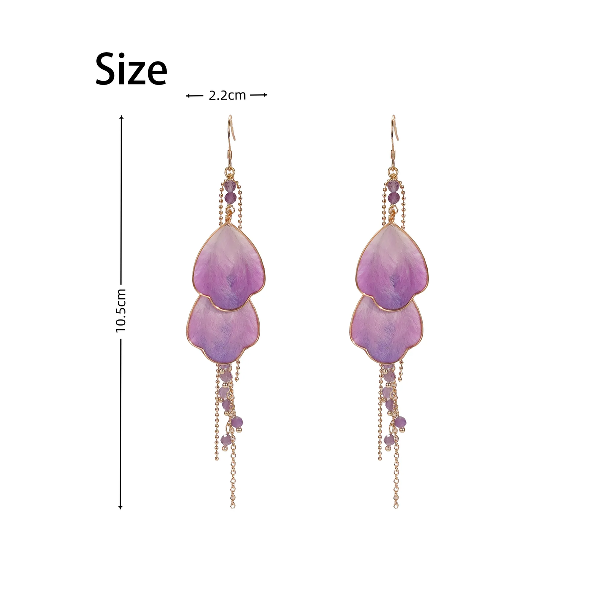 Wisteria Prelude Ronghua drop earrings size guide showing approximately 10.5 cm length and 2.2 cm width