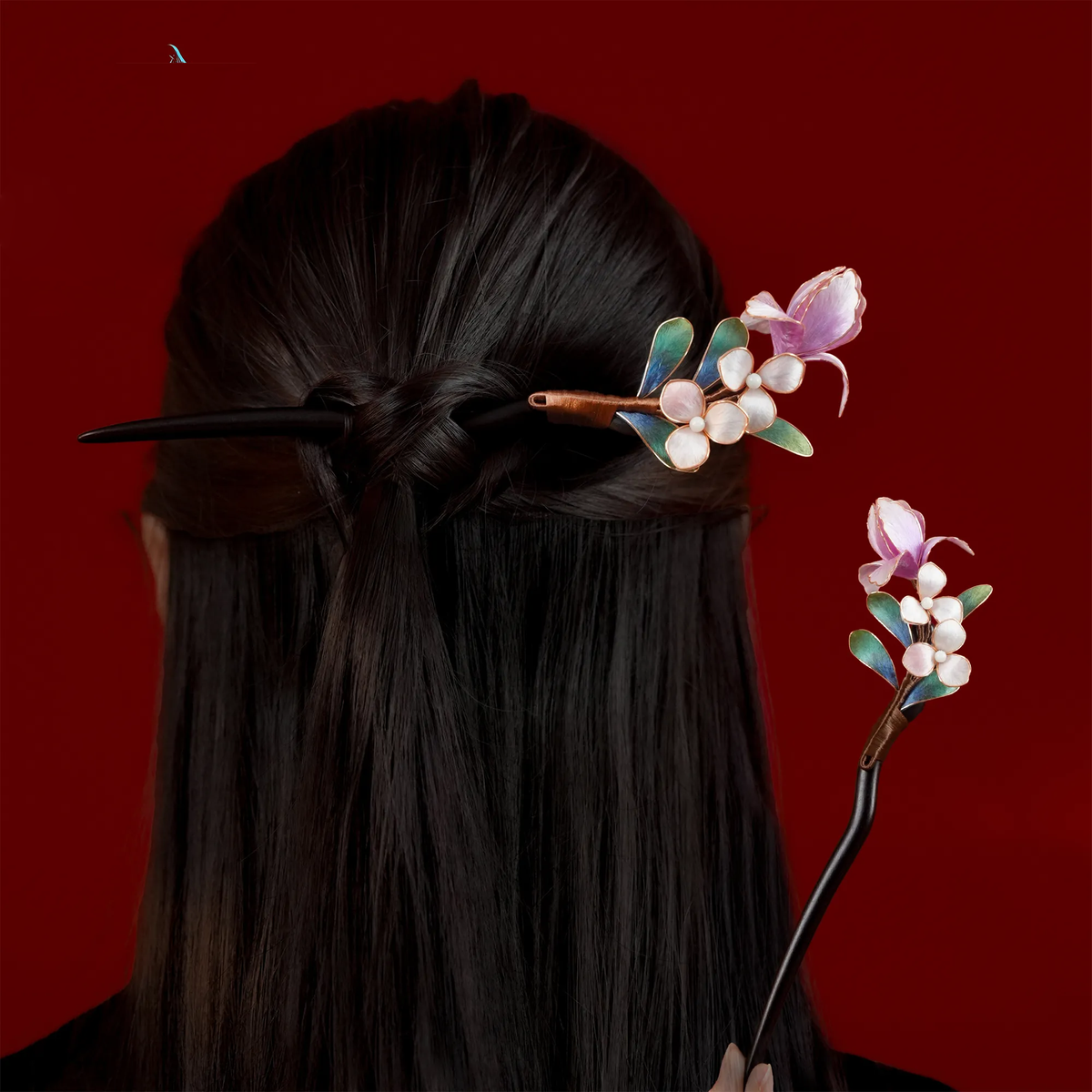Pink butterfly blossom silk velvet hairpin styled in an updo