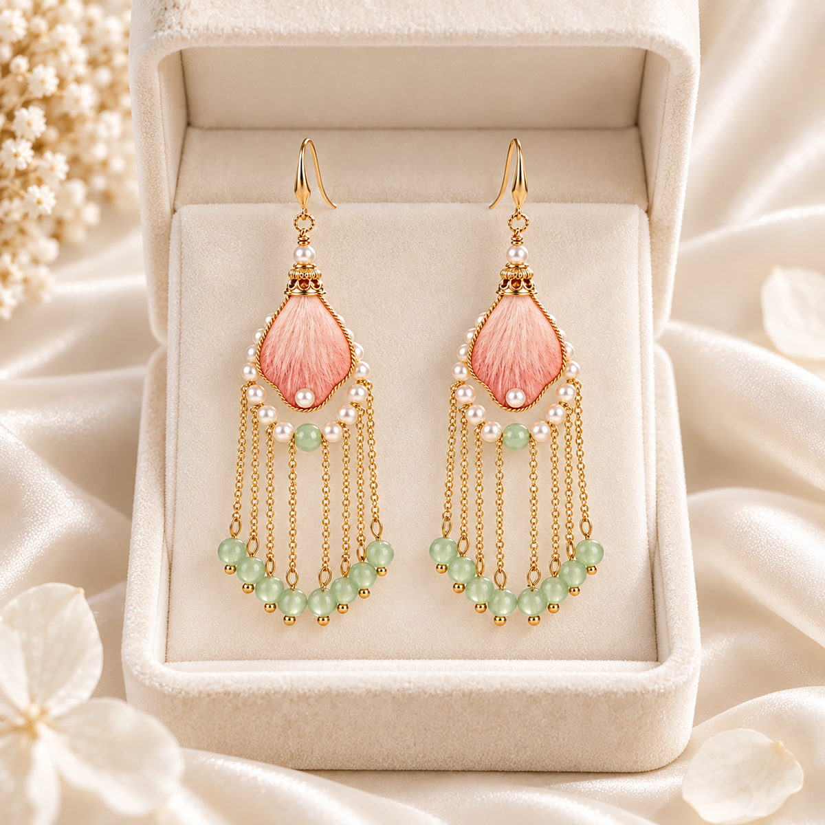 Yaochi Immortal peach-pink mulberry-silk Ronghua drop earrings on a stand