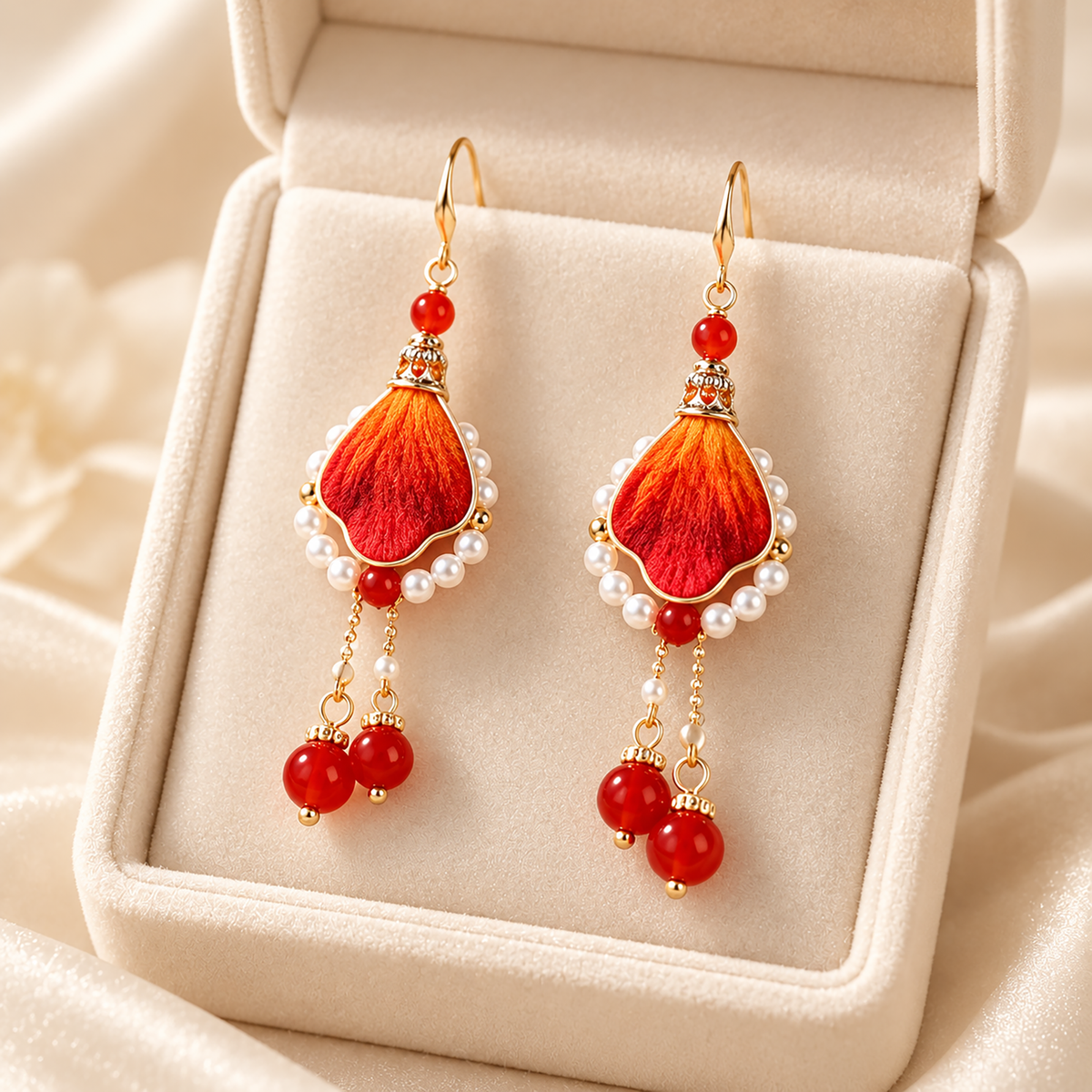 Phoenix Path orange-to-crimson mulberry-silk Ronghua drop earrings on a stand
