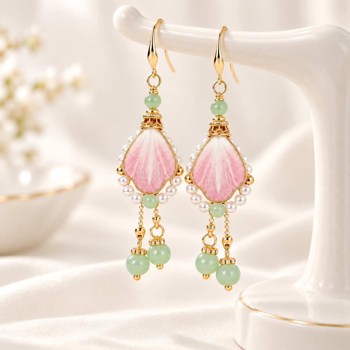 Pink mulberry-silk Ronghua drop earrings with green beads on a white stand