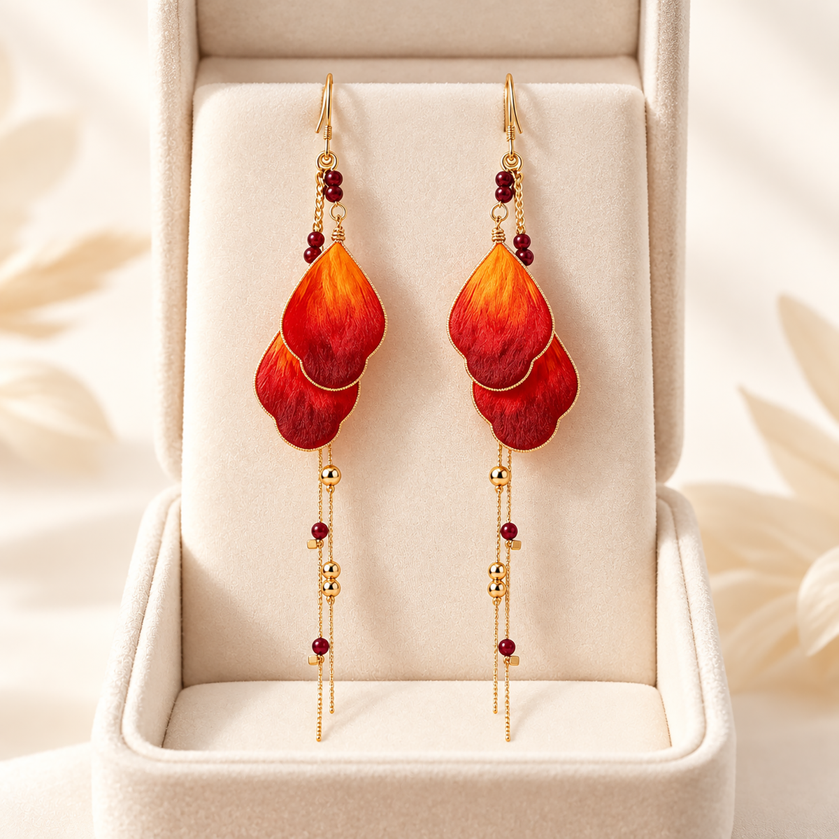 Phoenix Tail orange-to-burgundy mulberry-silk Ronghua drop earrings on a stand