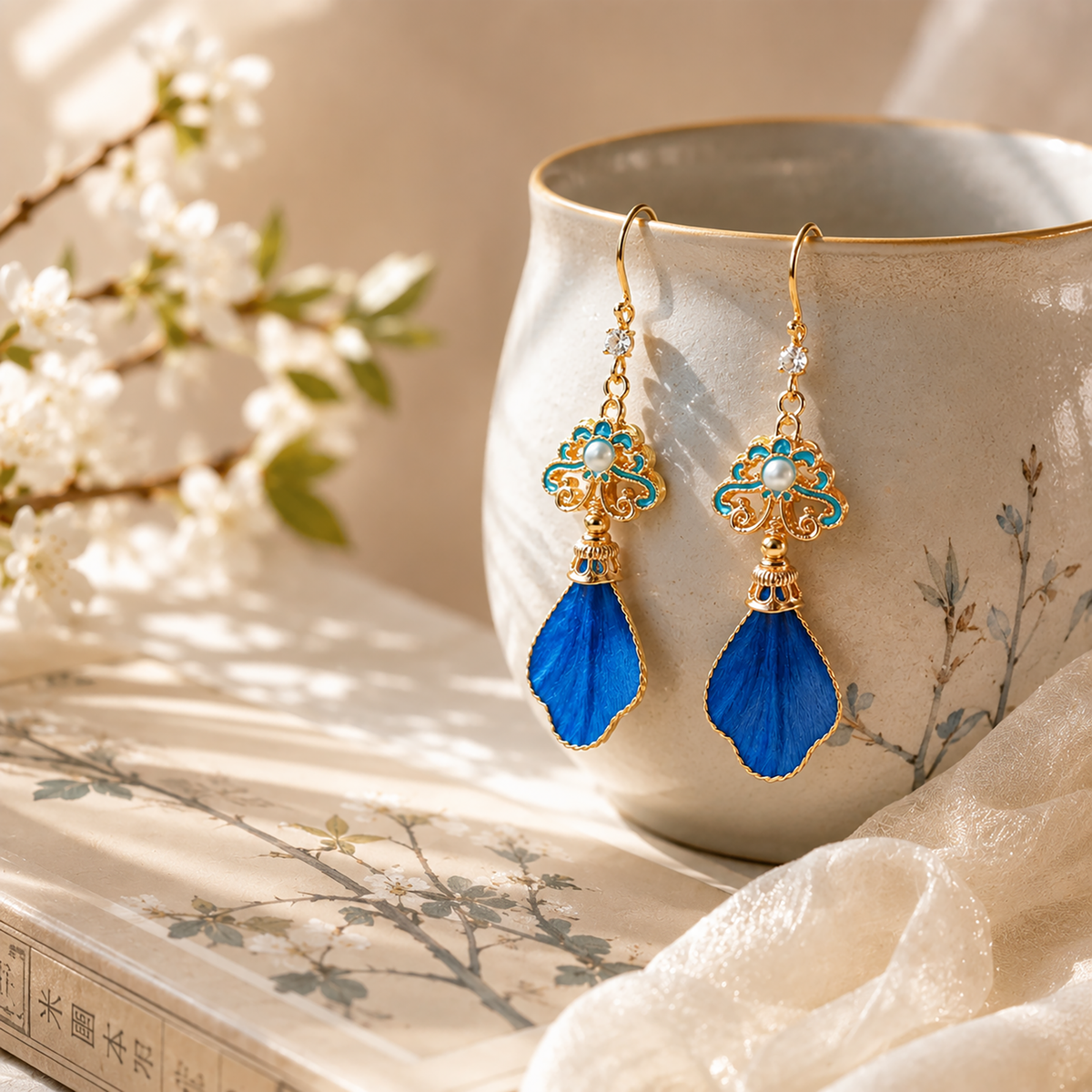 Blue feather-inspired silk velvet earrings displayed beside a ceramic vase