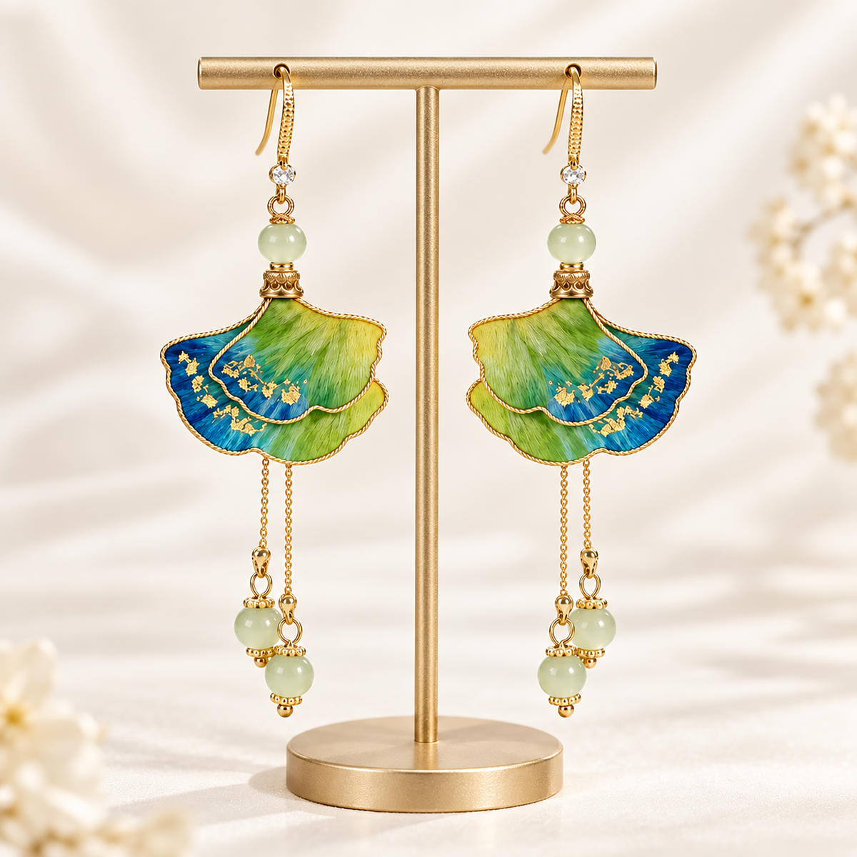 Woman wearing Jiangshan Ginkgo silk Ronghua drop earrings