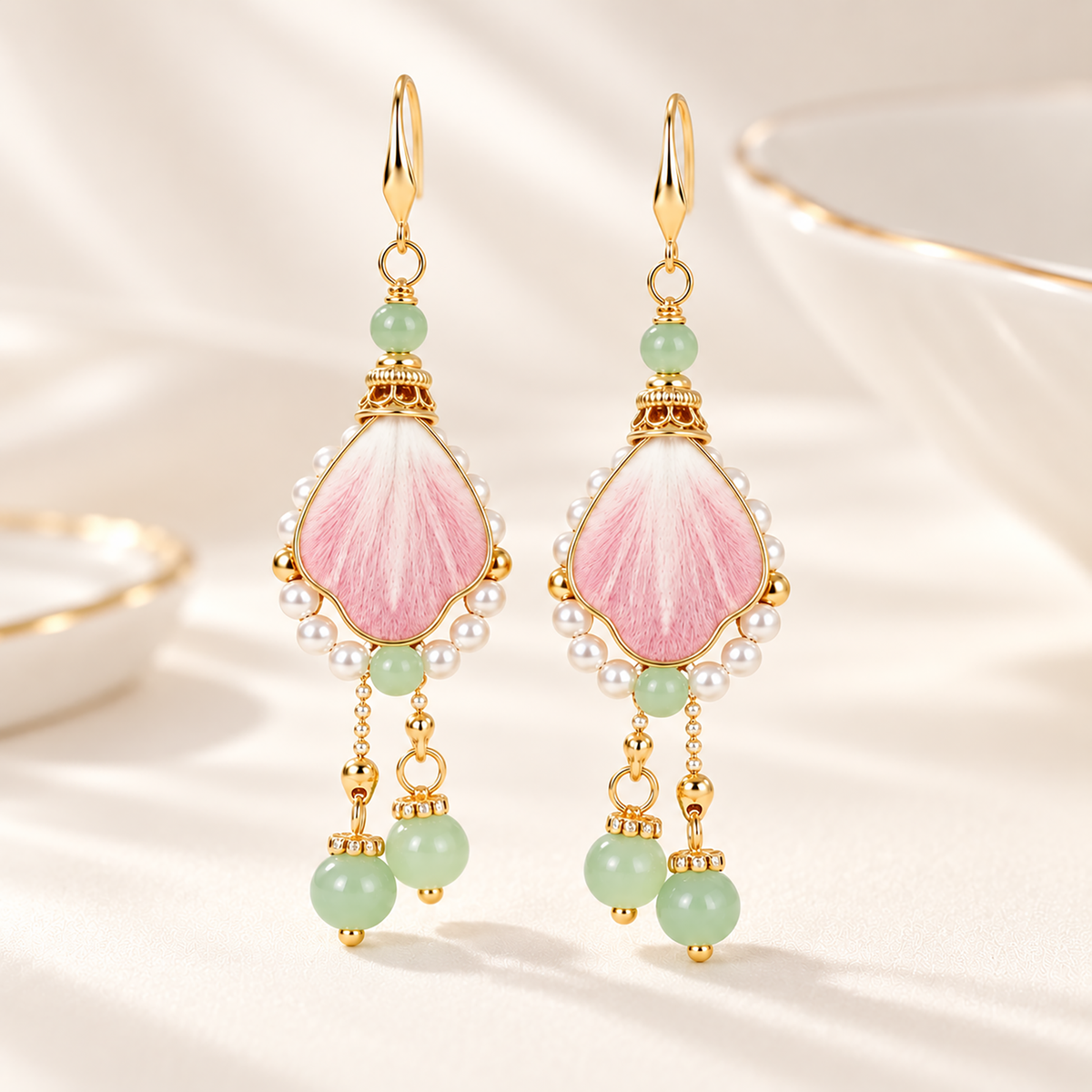 Pair of pink silk Ronghua drop earrings on a light background