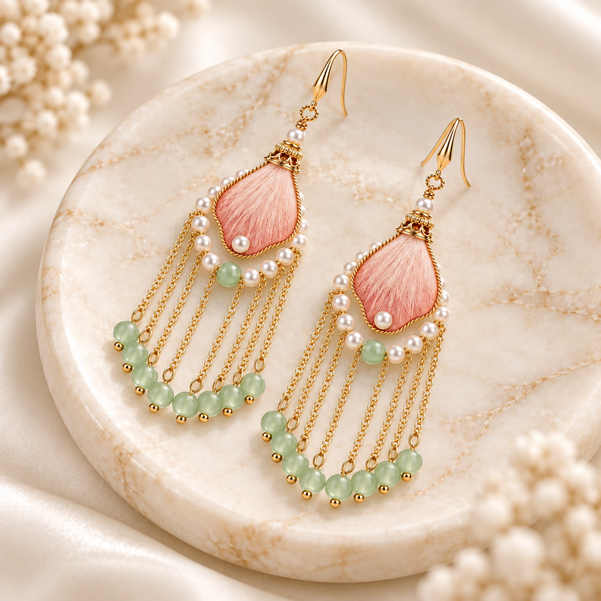 Pair of Yaochi Immortal peach-pink silk Ronghua drop earrings