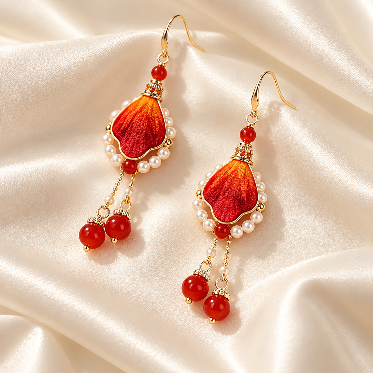 Pair of Phoenix Path orange-to-crimson silk Ronghua drop earrings