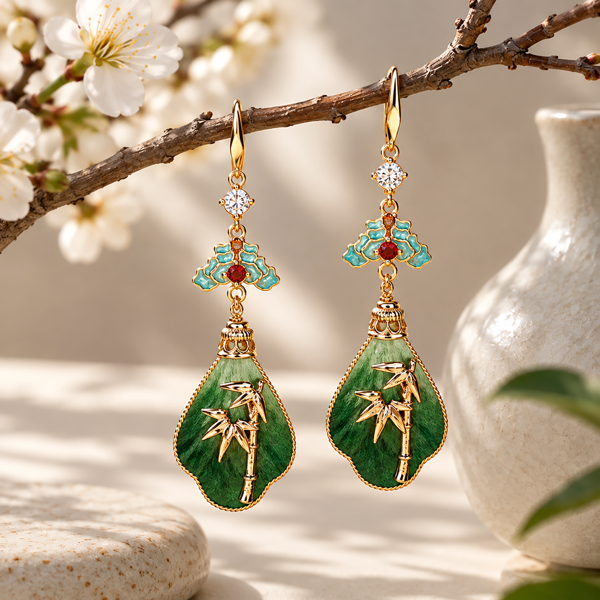 Green bamboo silk velvet drop earrings arranged with flowering branches
