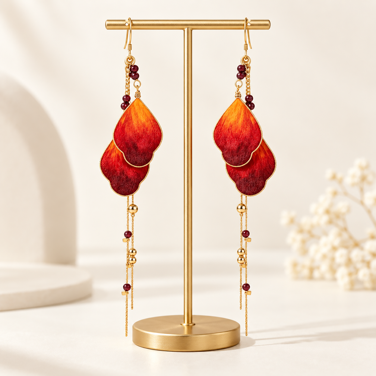 Close view of orange-burgundy silk petals, gold-tone chains and red beads