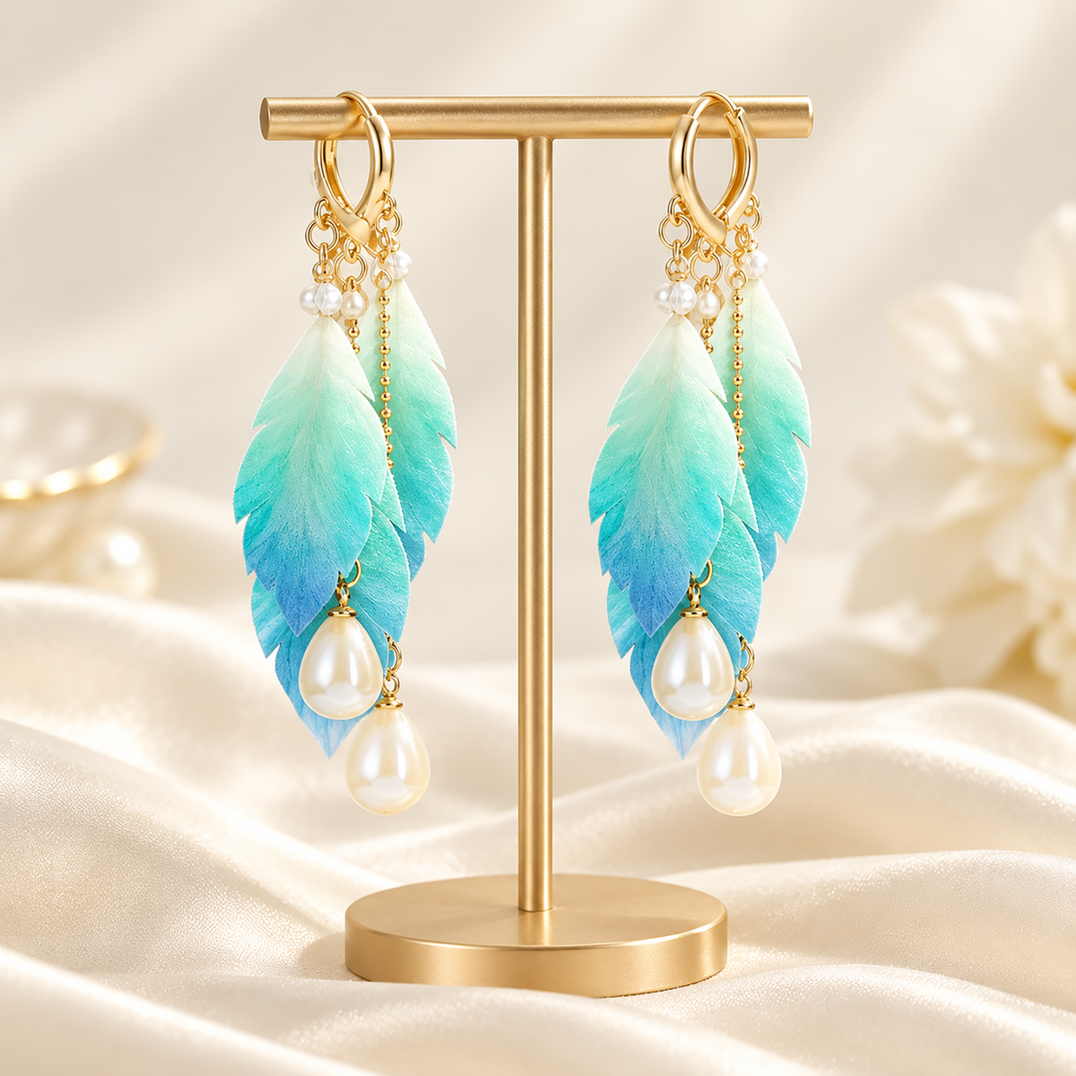 Close view of mint-blue silk feather forms, pearl-effect drops and gold-tone hardware