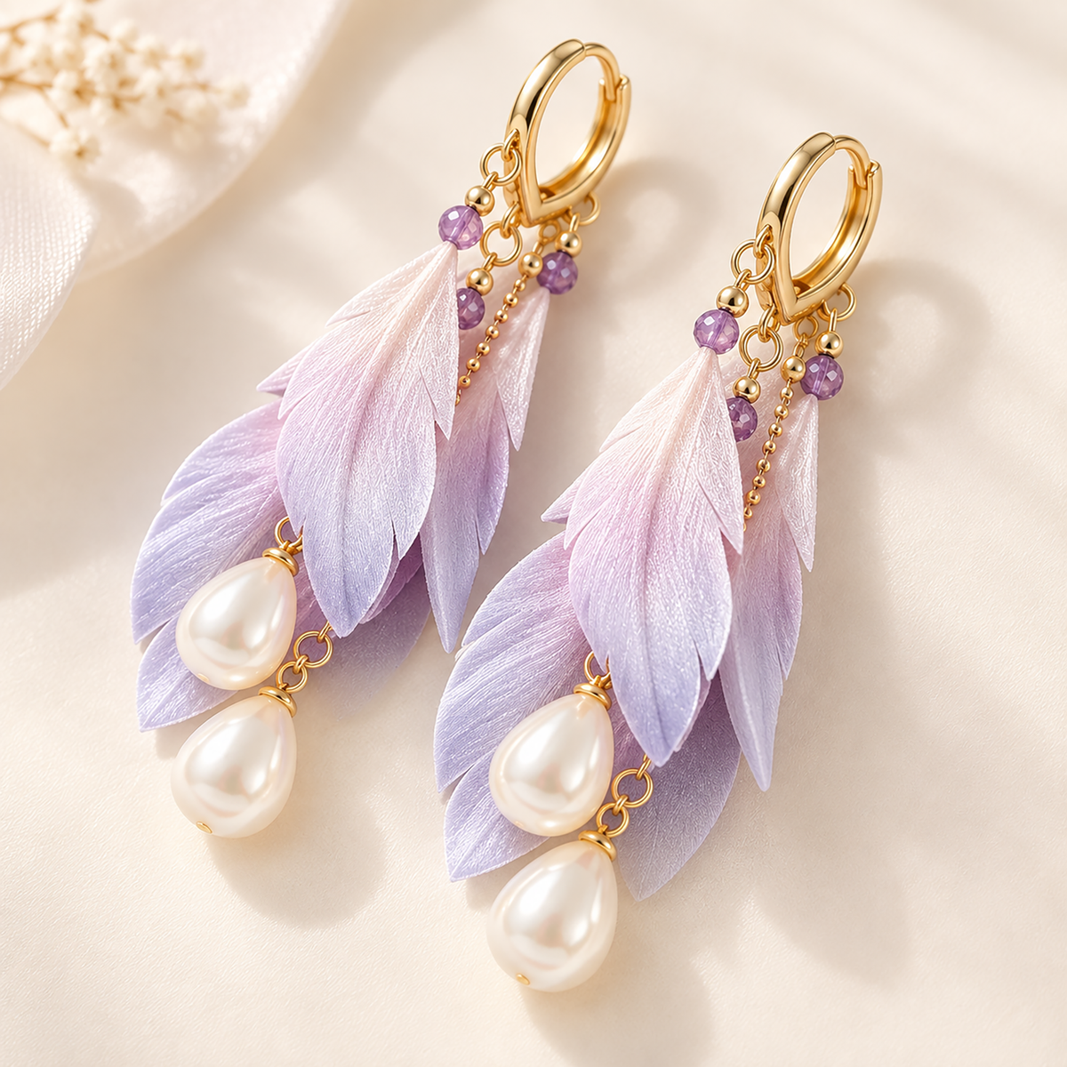 Close view of lavender-ivory silk feather forms, pearl-effect drops and purple beads