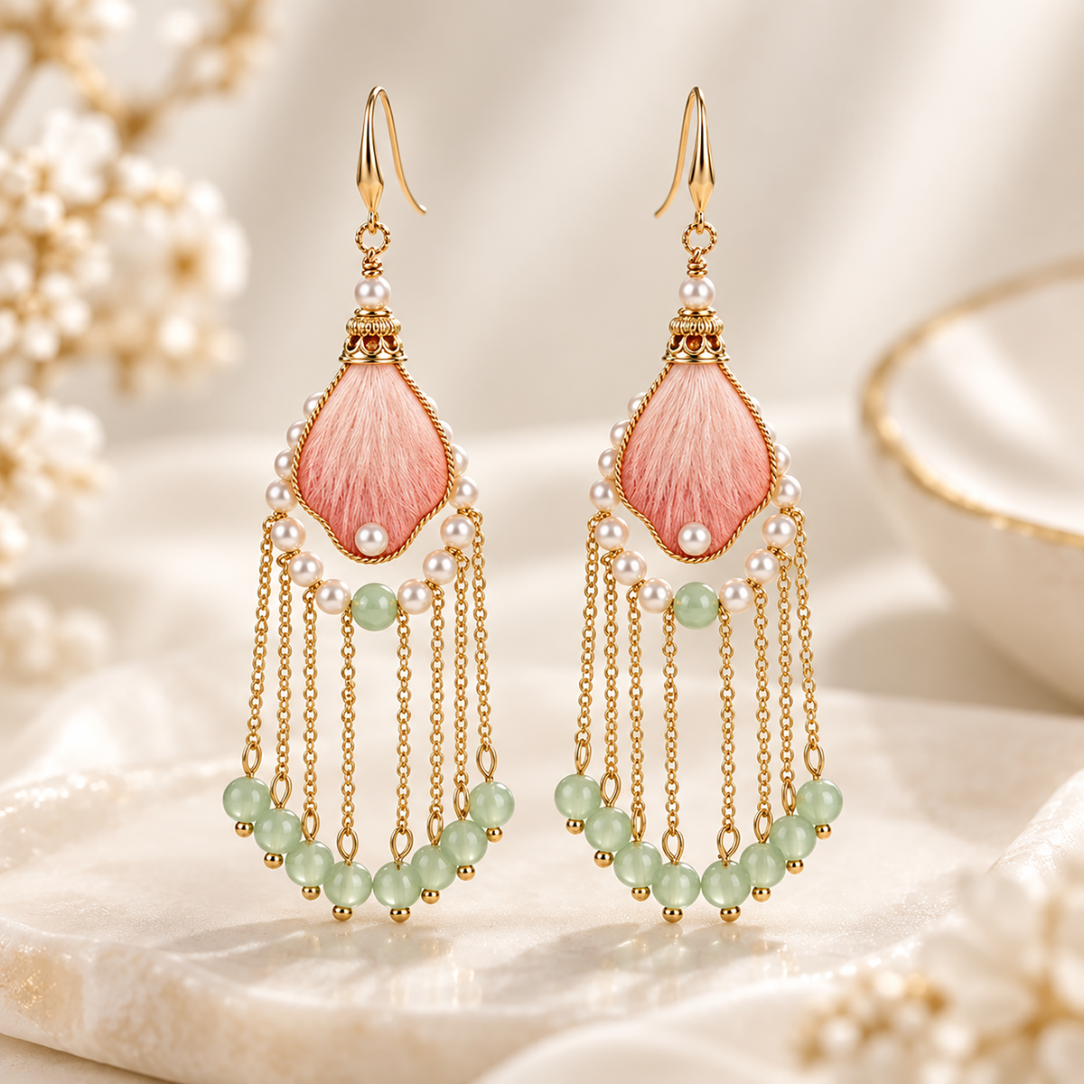 Alternate angle of Yaochi Immortal silk drop earrings