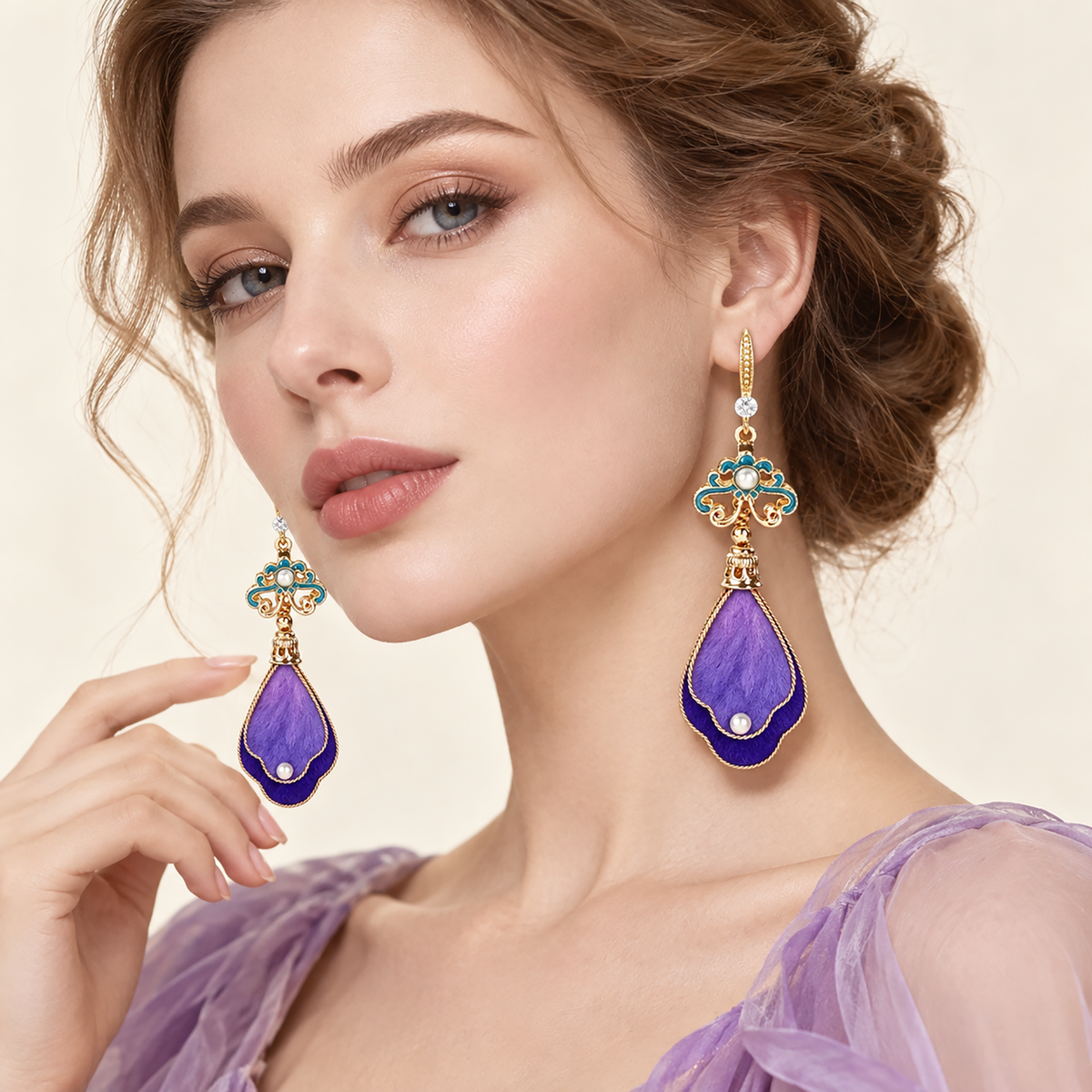 Alternate angle of Luo Shen silk drop earrings