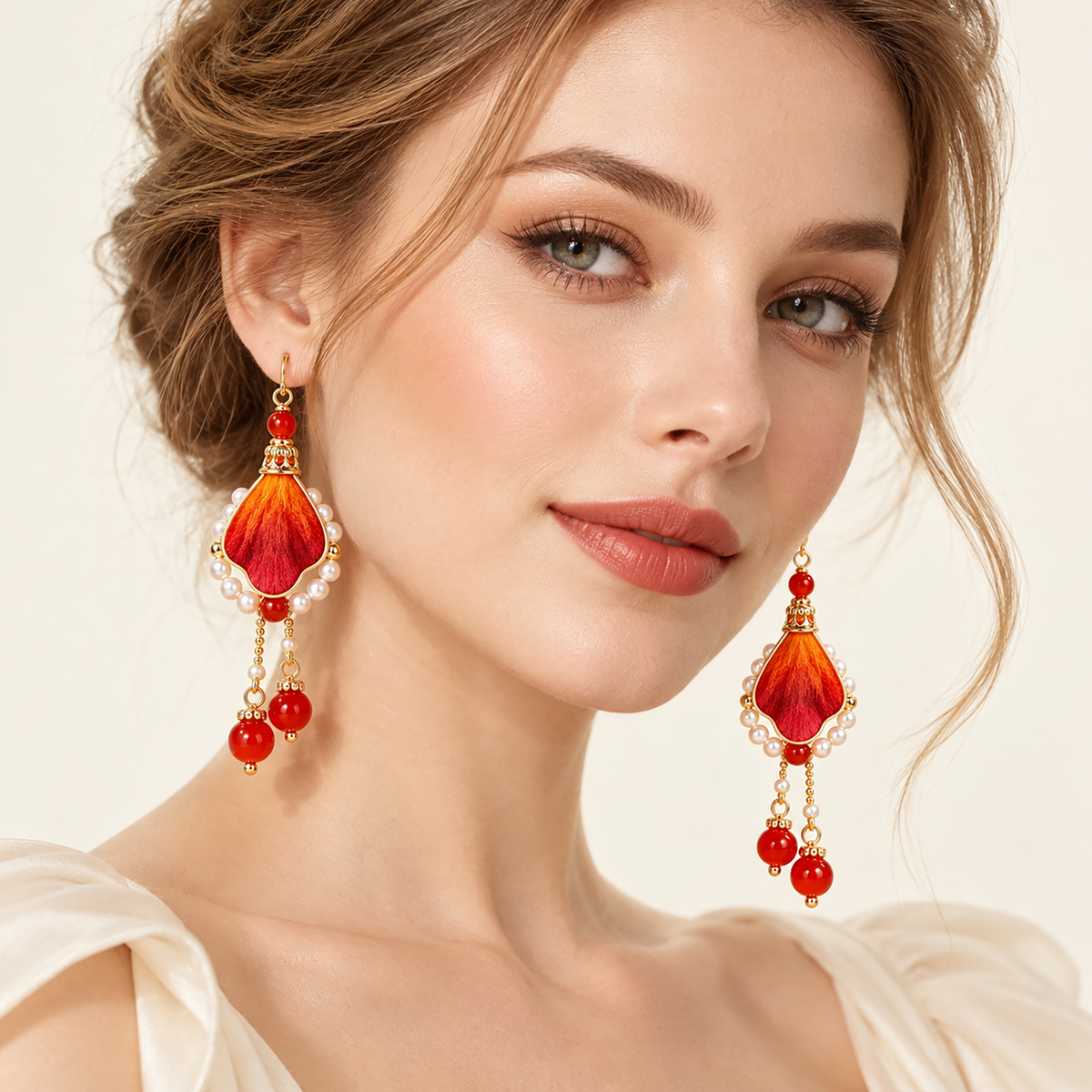 Alternate angle of Phoenix Path silk drop earrings