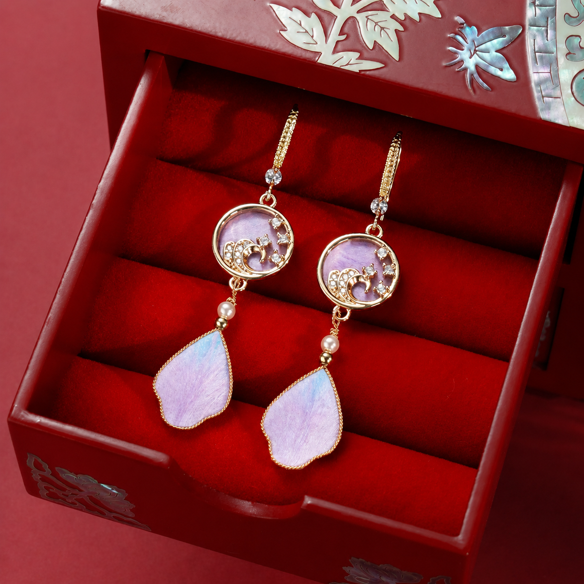 Purple rosy cloud silk velvet earrings presented in a CLMADE gift box