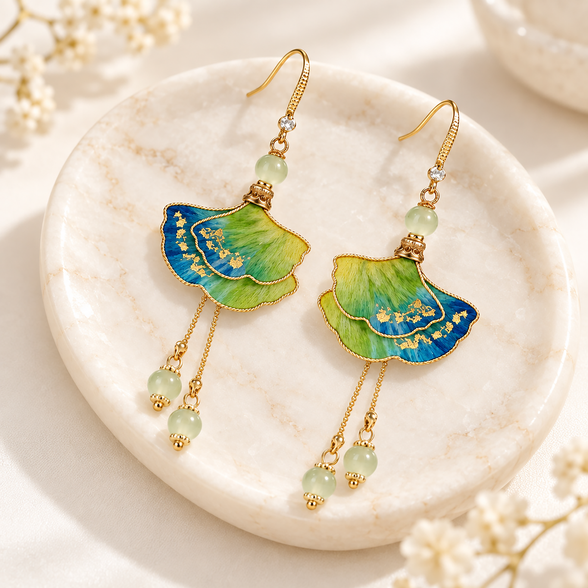 Jiangshan Ginkgo silk Ronghua drop earrings lifestyle display