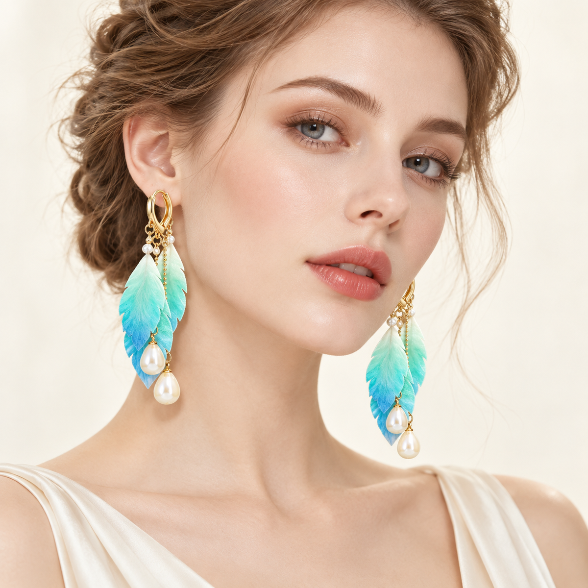 Alternate angle of Sea Feather mint-blue silk drop earrings
