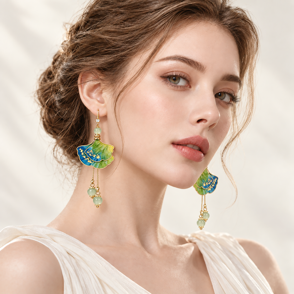 Alternate angle of Jiangshan Ginkgo silk drop earrings