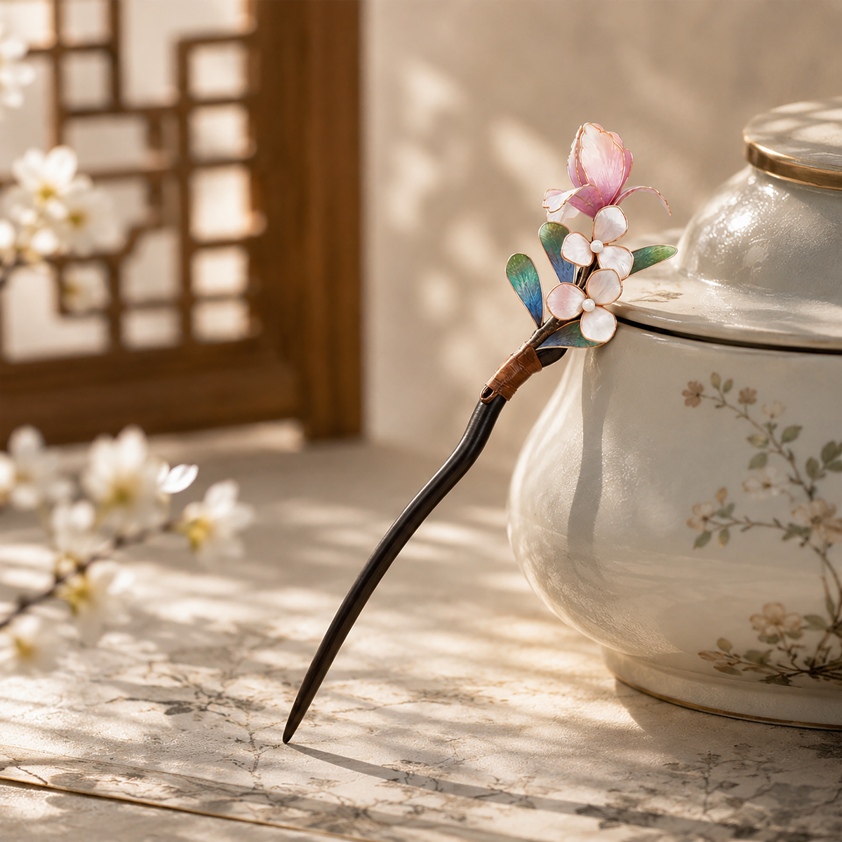 Pink butterfly blossom silk velvet hairpin displayed in a vase