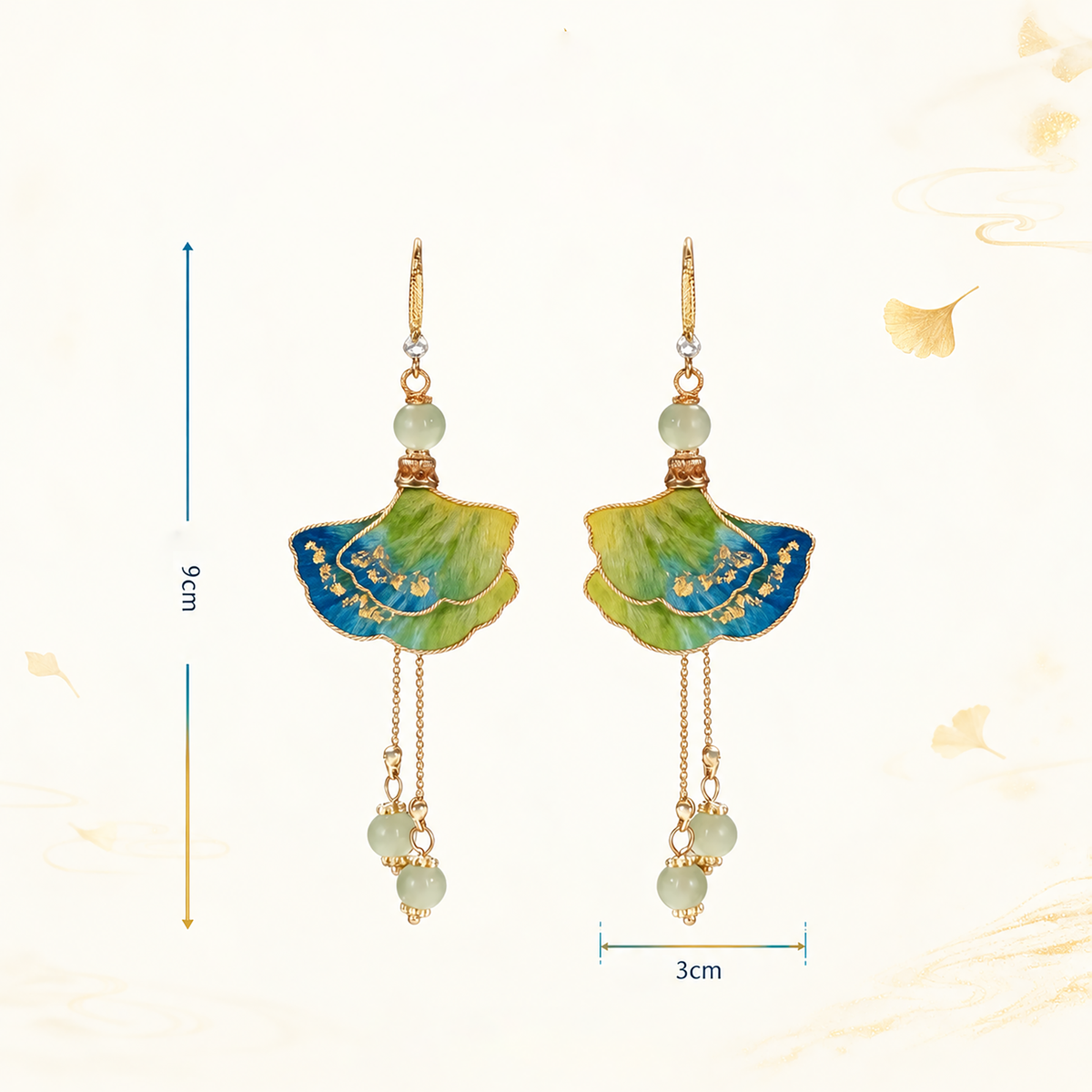Jiangshan Ginkgo silk Ronghua drop earrings in jewellery packaging