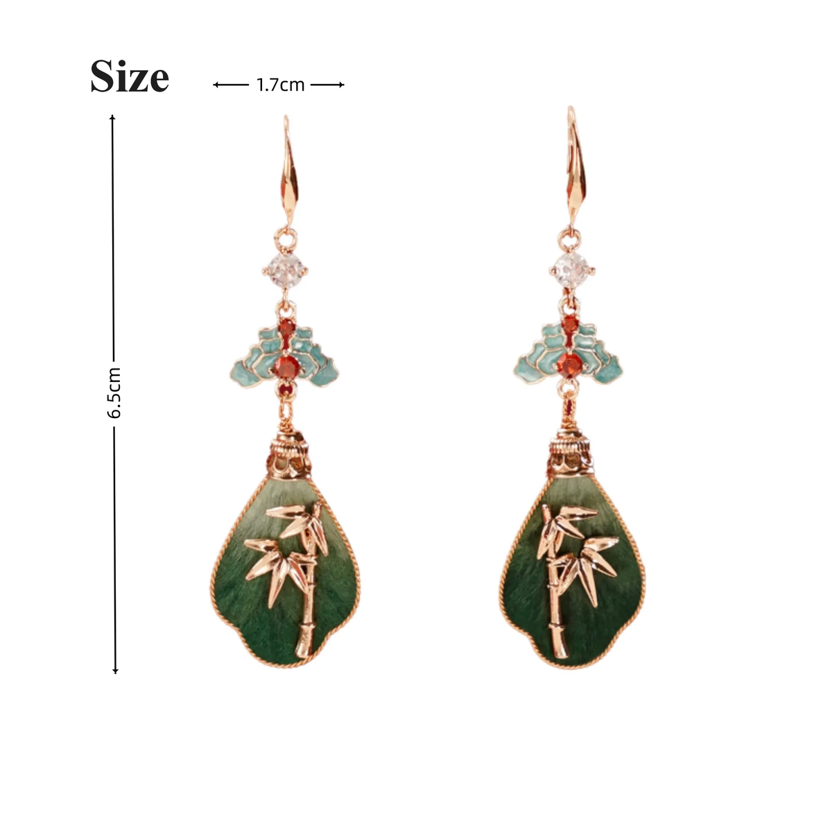 Bamboo silk velvet drop earrings size guide showing 6.5 by 1.7 centimetres
