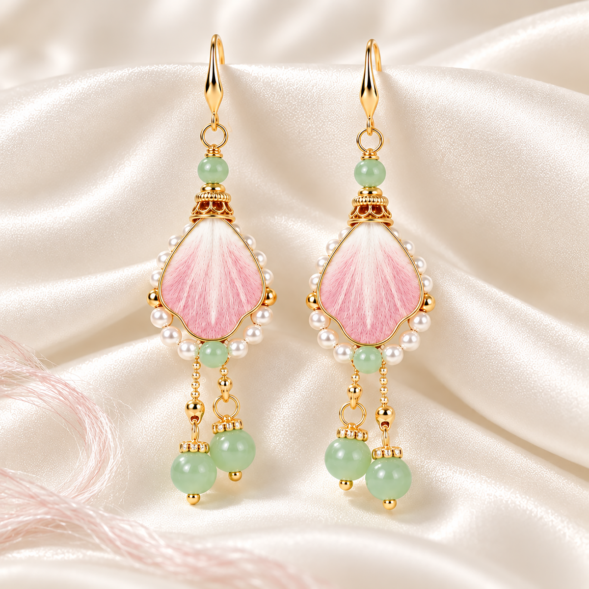 Pair of pink silk Ronghua drop earrings laid on pale silk