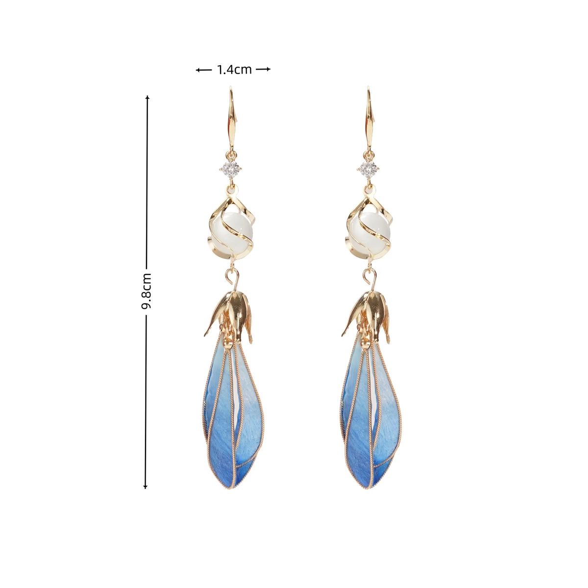 Size guide for blue magnolia silk velvet earrings, approximately 9.8 by 1.4 centimetres