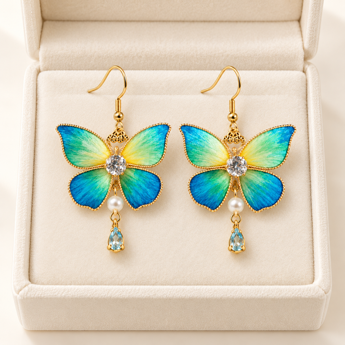 Blue-green butterfly silk Ronghua drop earrings in a gift box