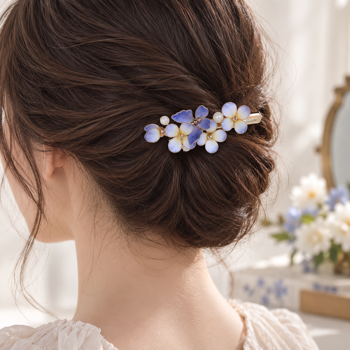 Blue-violet silk Ronghua hair clip worn in a low bun