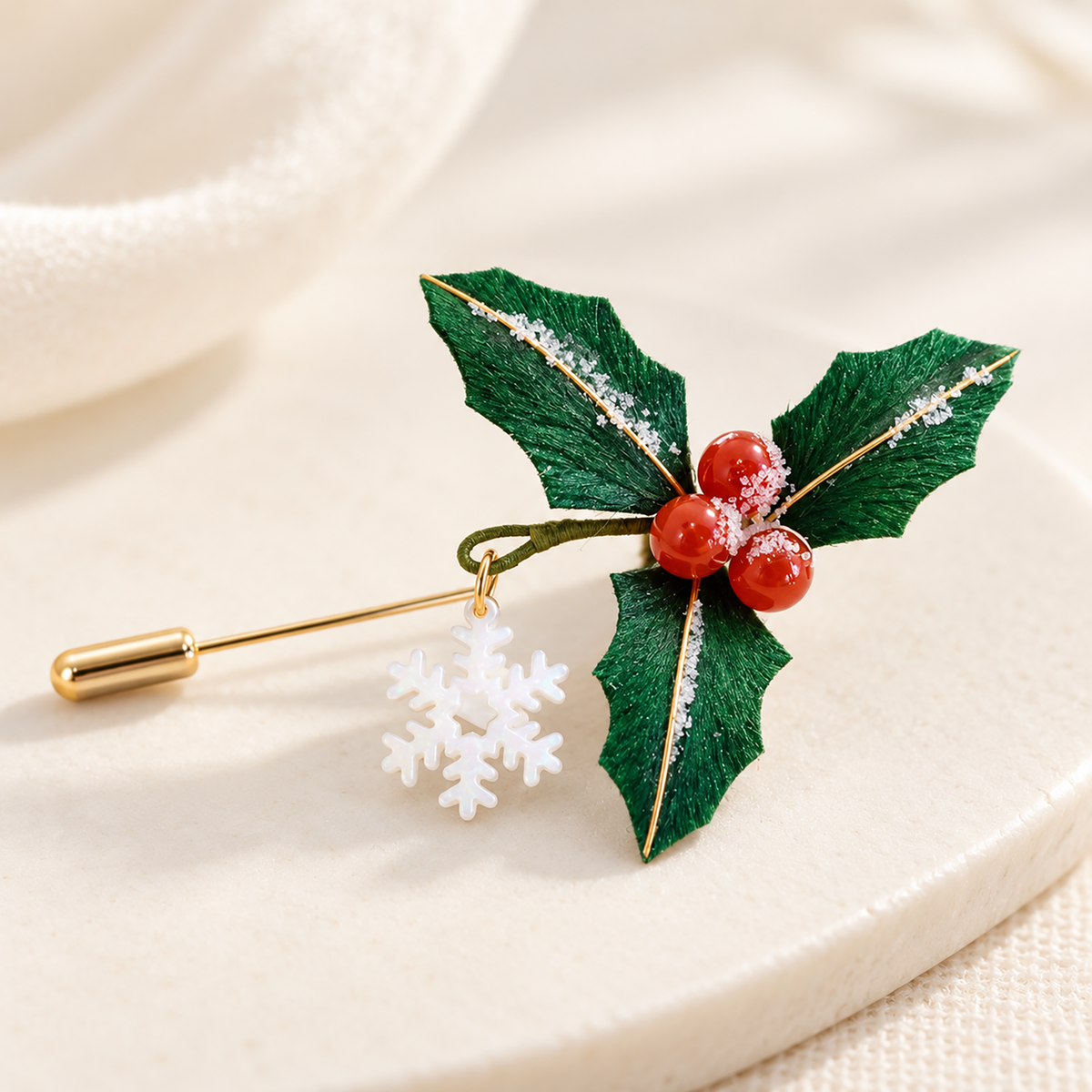Holly snowflake mulberry-silk Ronghua brooch on cream surface