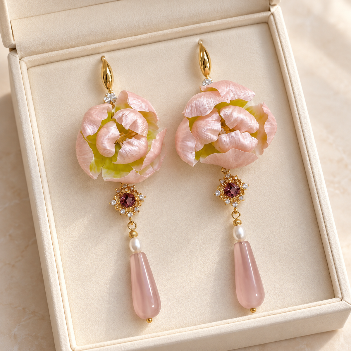 Pink Peony Bud Ronghua Drop Earrings — photo 1