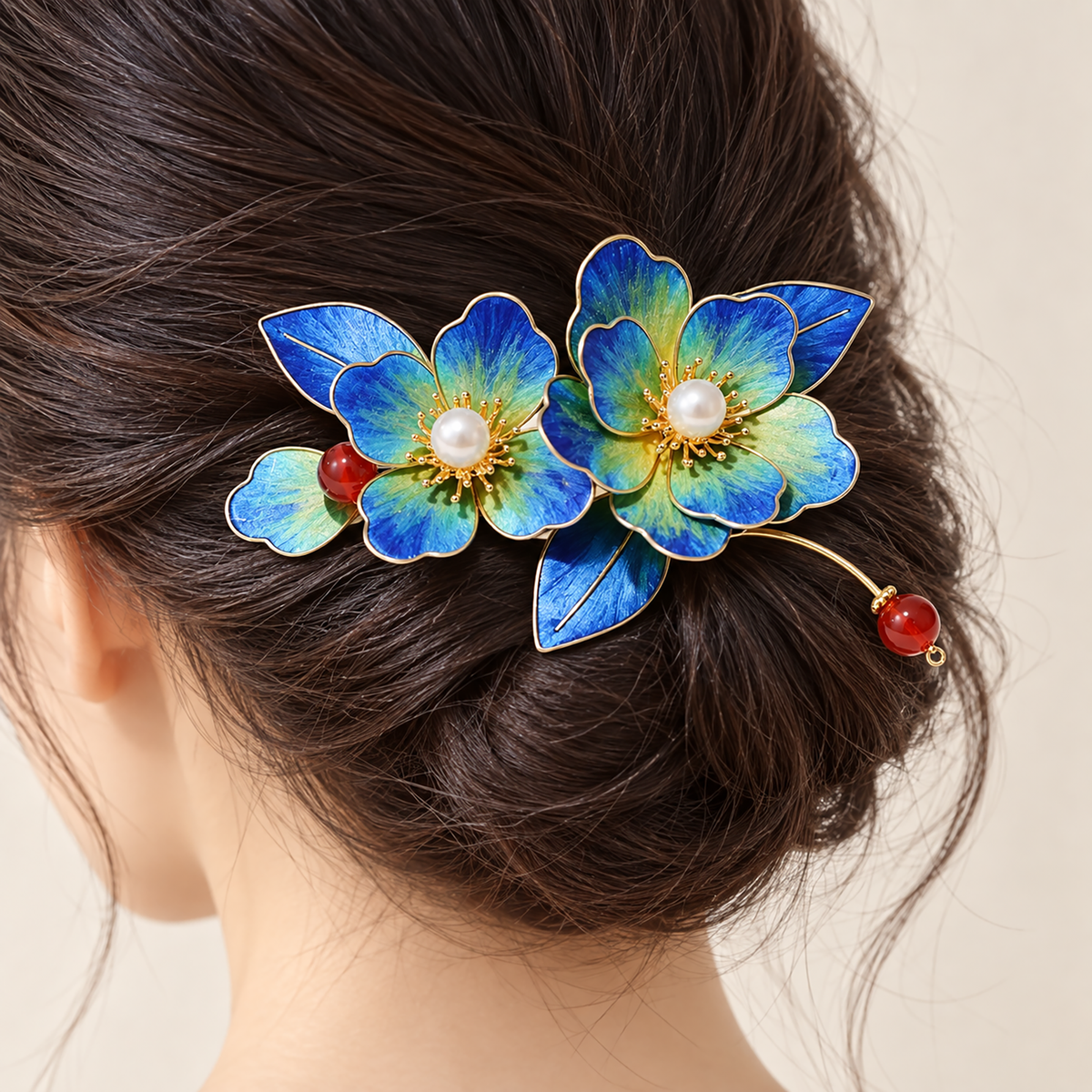 Blue green blossom Ronghua hair clip worn in a low bun