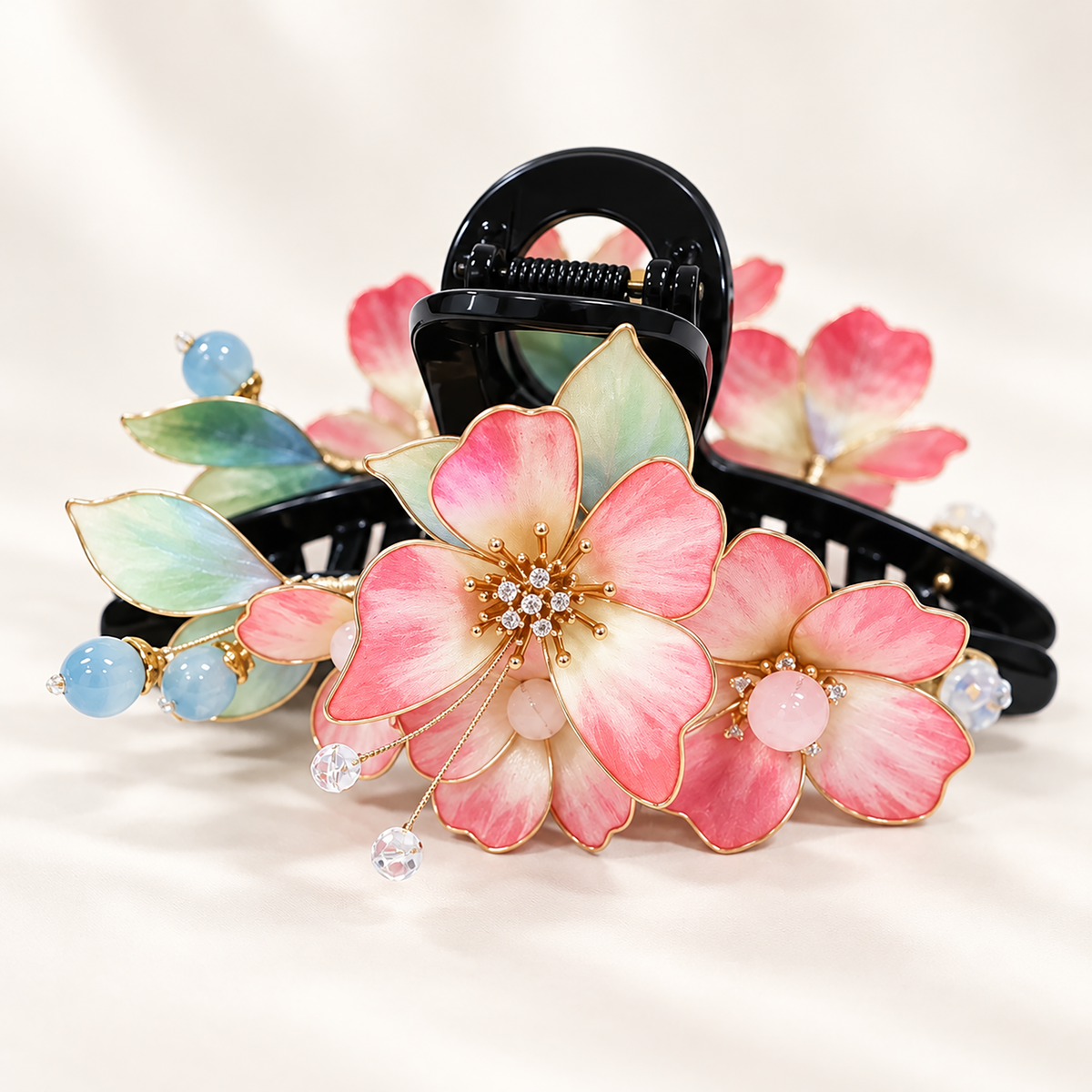Pink rouge-cup mulberry-silk Ronghua claw hair clip on cream fabric