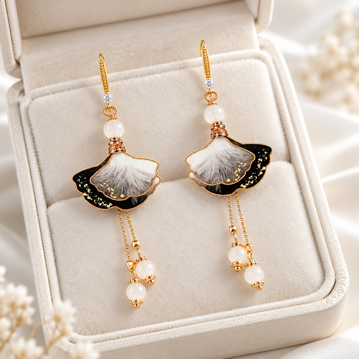 Pair of ink-wash ginkgo mulberry-silk Ronghua drop earrings with fishhook wires, in a cream jewelry box