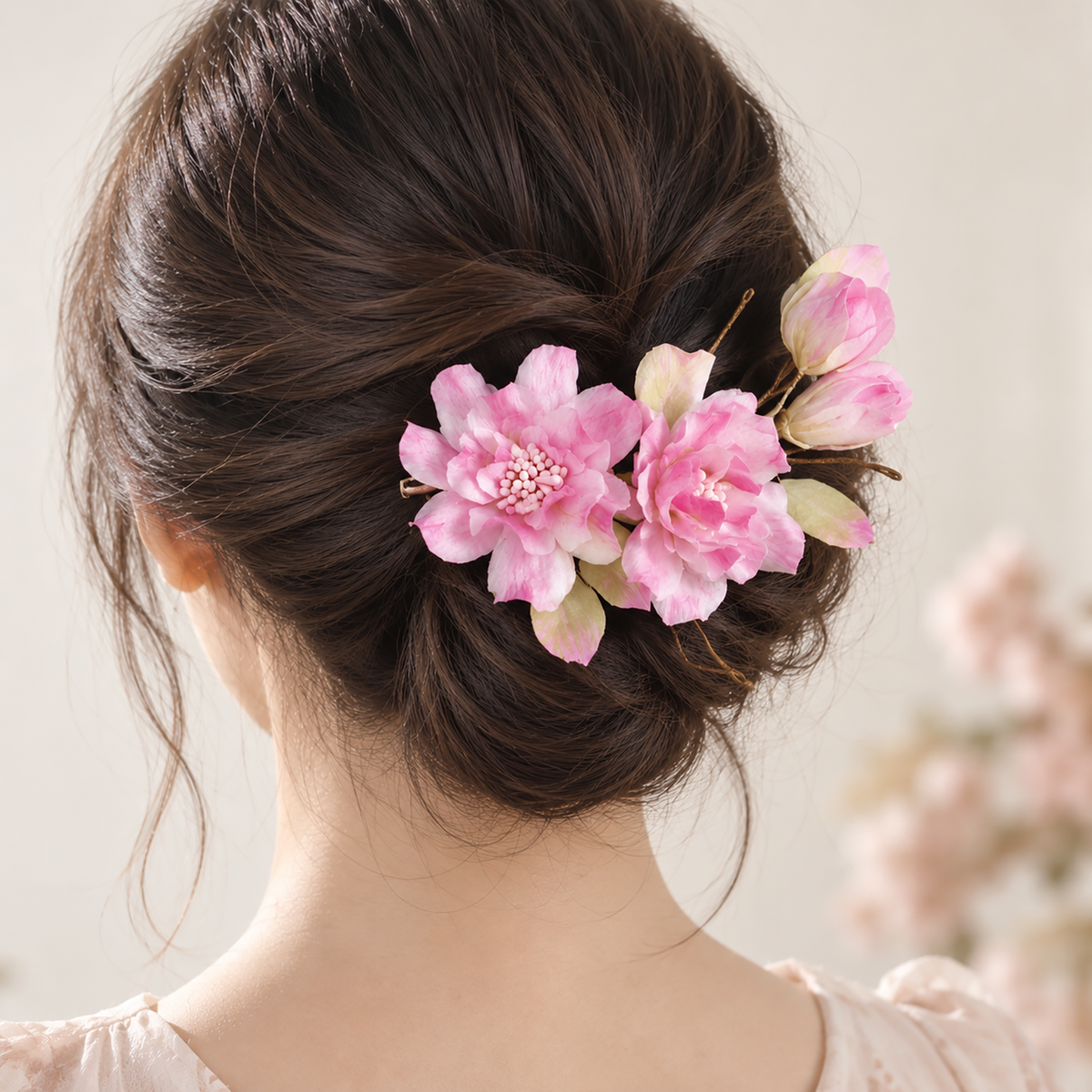 Pink begonia silk Ronghua hair clip worn in a low bun