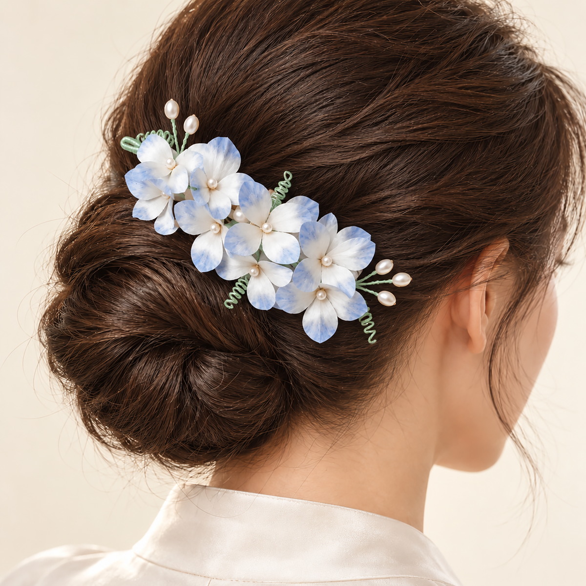 Blue hydrangea Ronghua hair comb worn in a low bun