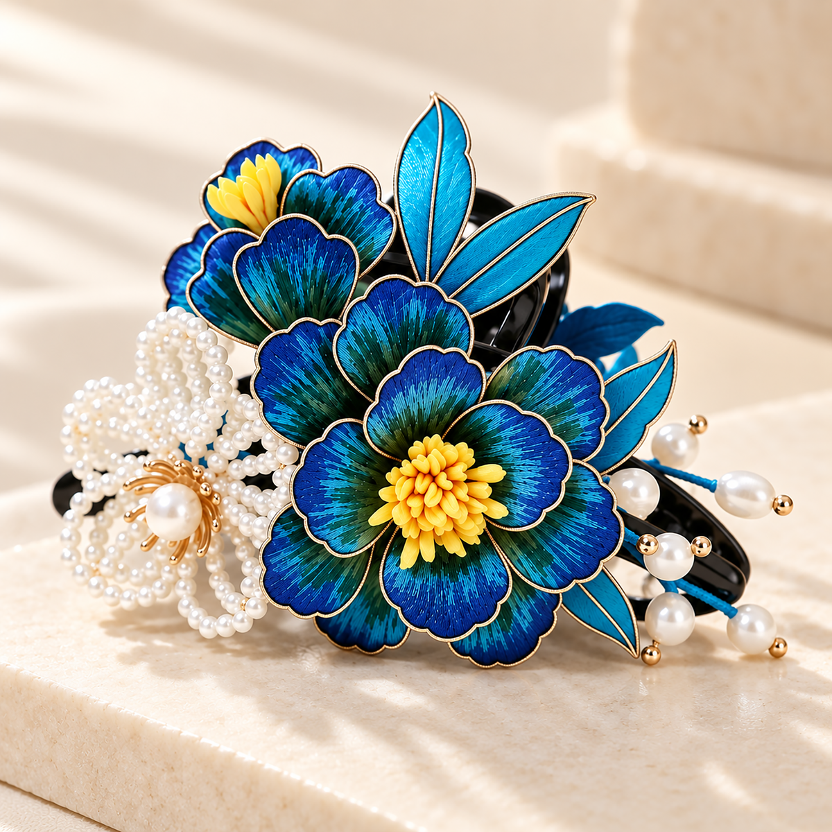 Blue ocean pearl mulberry-silk Ronghua claw hair clip on stone surface