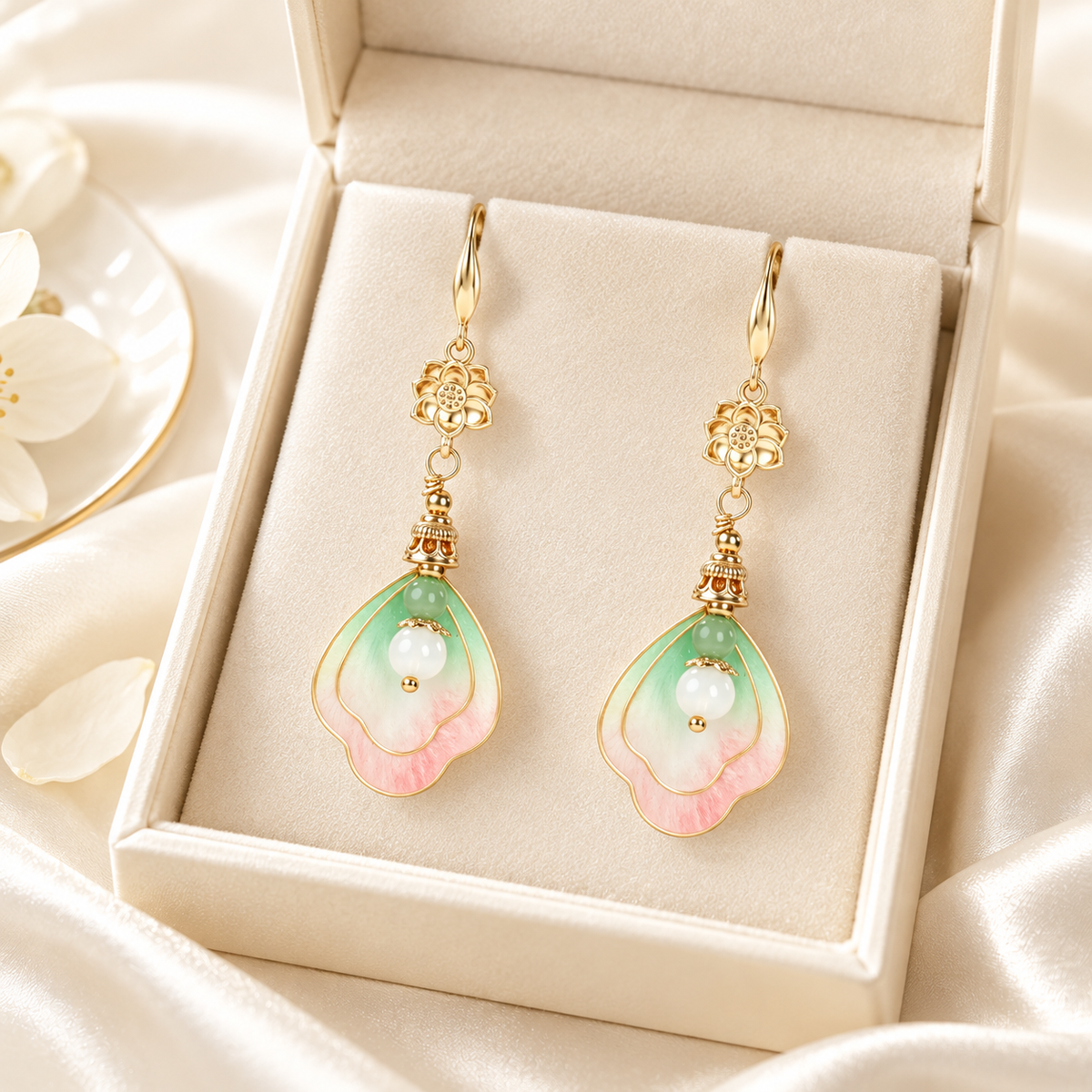 Pair of pink-mint lotus mulberry-silk Ronghua drop earrings with fishhook wires, in a cream jewelry box