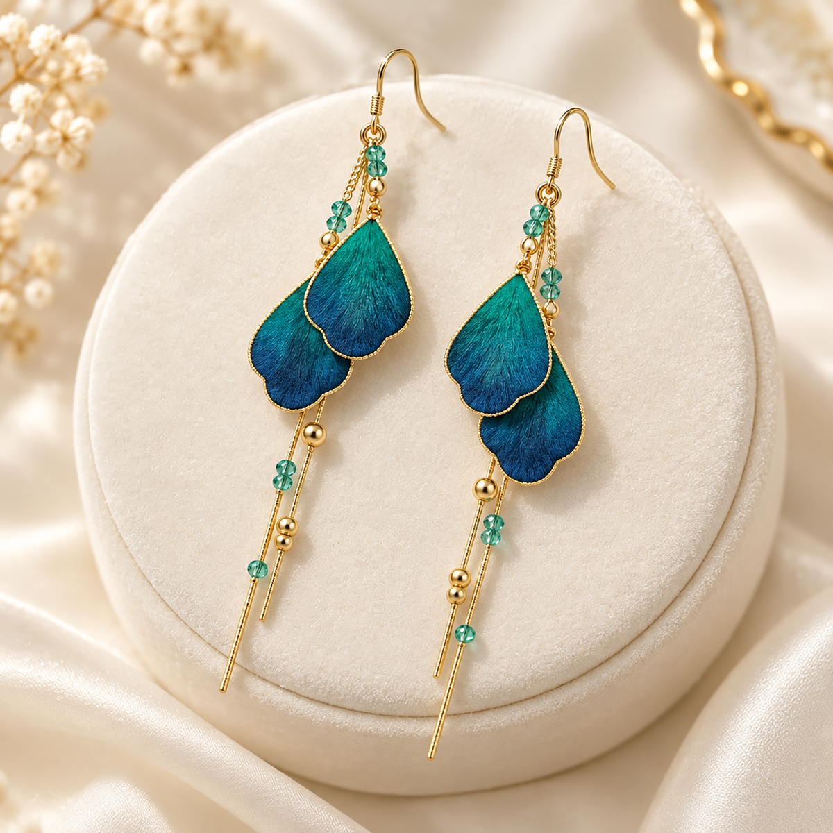 Pair of teal-blue mulberry-silk Ronghua drop earrings with long tassels on a cream display stand
