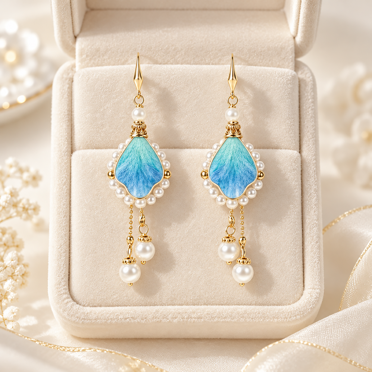 Pair of blue-teal mulberry-silk Ronghua drop earrings with pearl-like bead frames and fishhook wires, in a cream jewelry box